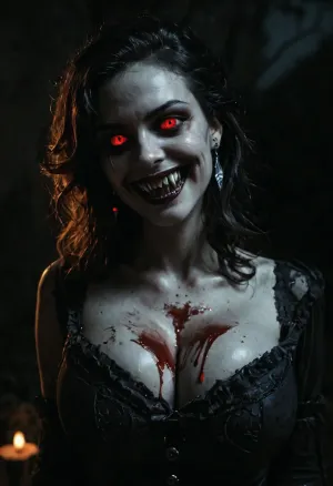 ((ultimate realistic photo)), ((25 yo vampire girl)), 18th century dark clothing, deep cleavage, ((large breasts)), ((showing her fangs)), in the woods at night, blood dripping vom chin, goddess, gracious, sexy, fierce, forceful, lascivious, fascinating, desirable, intoxicating, scary, eerie, ((evil deranged smile)), UHD 8K, cinematic masterpiece, maximum quality, maximum details, realism, score 9, score 8 up, score 7 up, <lora:Mistress_of_the_night-000016:.8>, <lora:dark:.8>