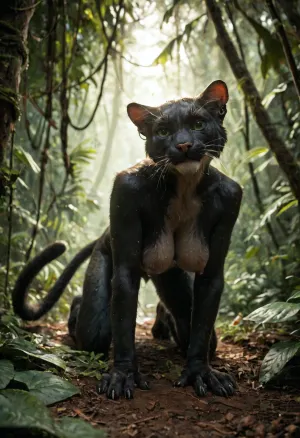 ((ultimate realistic photo)), 21 yo furry catgirl, ((huge large saggy perky breasts)), furry body, furry pussy, hairy pussy, long furry tail, morphing, into, panther, <lora:SDXL1.0-LoRa_Zeitgeist-Morphing-Concept_by-AI_Characters-v1.0:.5>, (soft focus), (soft lighting), on all fours in the jungle, UHD 8K, cinematic masterpiece, maximum quality, maximum details, realism, score 9, score 8 up, score 7 up