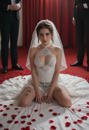 A humiliated white Persian bride, kneeling in shame, a bride in a white slutty cutout wedding dress with a long veil lying on a black bed, two dominant black men in black leather outfits standing over her, a dark and erotic wedding setting with red lighting, rose petals on the ground. bodywriting on the bride's body is, ""White Failure". in the background, power dynamics, racial humiliation theme, breeding fantasy theme with the bride being claimed, cinematic style, highly detailed, dramatic lighting, 8k resolution, text, on, <lora:SDXLHighDetail_v6-000005:1.2>