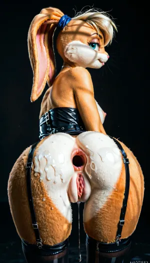 (Lola bunny, furry, black latex, shaved), The girl lies on her back with her legs spread and thrown back behind her head. The view is close to the anal and vagina. Hyper vagina and anus. The girl spreads her buttocks with her hands, expanding the anal opening. The vagina is very beautiful, dripping with natural female lubricant. The girl is wearing a canonical outfit. The girl's body is thick, with a tummy, but very beautiful. Shaved pussy. The background is black, stockings with garters and belt.