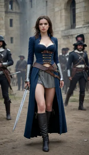 (Female musketeers), musketeering, French musketeers, France, straight hair, a shaved pussy, ((slim)), fake breasts, perky breasts, large breasts, petite, short, 1640's setting, bottomless, an upskirt nude, a torn outfit, a battlefield, ruins of clothes, broken bandanna, dark eye liner, dark makeup for night, a rapier and cloak