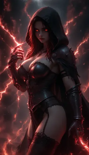 woman, long black messy hair, rings, earrings, necklace, bracelet, strong makeup, big breasts, perfect Body, best quality, perfect face, perfect body, highres, 8k wallpaper, (soft lighting:.5), quality, black hood, cape, ((deathknight black spiky full metal warrior armor)), hood, burning undead tomb, black warpaint, skulls, dynamic pose, fire armor bustier deep cleavage, perfect ass, (fire), (burning), (Leg armor), hkstyle, nipples, ((dynamic sexy pose)), nip slip, angry facial expression, (firewalls), flaming eyes, (surrounded by fire), Black Lace Stockings Pantyhose Suspender Garter Belt Thigh High Socks, very pale skin, (dark red electricity:1.5), (demon arm claw), <lora:hkstyleV5:1>, <lora:dark:.5>, <lora:add-detail-xl:.7>