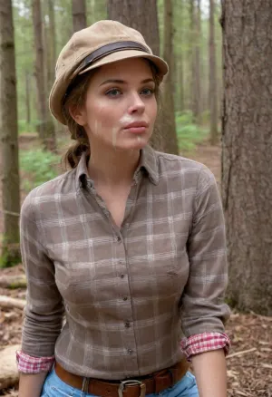 masterpiece, best quality, 1 girl, swedish 30yo, solo, tight beige jodhpurs, riding boots, cap, (brown checkered shirt blouse with rolled up sleeves:1.4), outdoors, brunette hair, bright ice blue eyes, short haircut with side parting, hair tucked behind ears, on a ride through the forest, she sits on a log, (her face is covered with cum, big cumload on her chest, cum on clothes, cum threads drip from chin:1.5), facial, cum, on, face, breasts, stomach, covered, in, perfect, <lora:681678_training_data:.5>, <lora:Facials:.7>