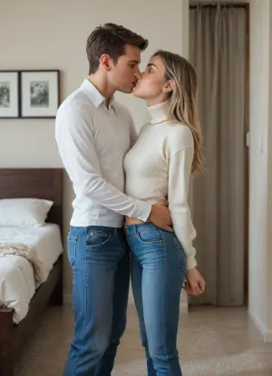 front view of a beautiful tanned 19 year old girl in a white long sleeved shirt and pants, ((front view:1.2)), ((deepl seamless suntan:1.4)), white shirt and pants, slim body, freckles, slender body, blonde highlights, general view, masterpiece, top quality, perfect quality, small breasts, ((tanned)), long legs, thin, thigh gap, dark blonde, long hair, dark blue eyes, surprised smile, natural, tall, frill, in her bedroom, ((((Her boyfriend is standing behind her kissing her neck. He is wearing jeans and a sweater))))