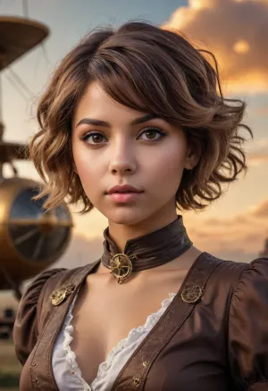 woman, Steampunk, 18 year old, mulatto, best quality, ultra-detailed, masterpiece, finely detail, high res, 8k wallpaper, cute tall tall face, tanned skin, pixie cut hair, messy hair, vintage airships and plane on background, sunset sky and golden clouds background, jg-jc0n, ValentinaNappi, brown, eyes, hair, <lora:nwsj_flux0924:.5>, <lora:Nappi-000006:.5>
