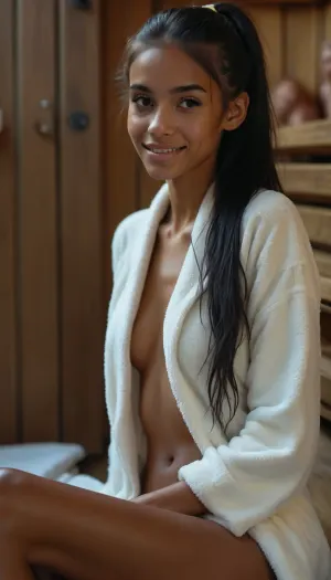 Ultra-realistico Vista laterale 8k: la bellezza assoluta di meika wollard in una sauna pubblica a vapore