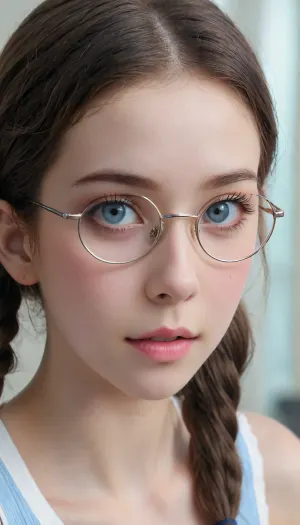 (((The whole body is visible))), nude, (photo taken in class), (((round thin-rimmed glasses))), (((narrow low face))), young face, Super realistic, perfect lighting, (best shadow), 8K, UHD, clear image, (best lighting), highest quality, ultra-detailed images, fine details, high resolution, 8k, (skinny waist), (skinny), Euro-American, (18 years old), bright blue eyes, dark brown hair, pigtails, very detailed face, blush, white skin, tt_flat, BJ_Oxygen, krnpp, <lora:reallora1:.5>, <lora:Oxygen girl_SDXL1.0:.5>, <lora:karina_sdxl_v10:.5>