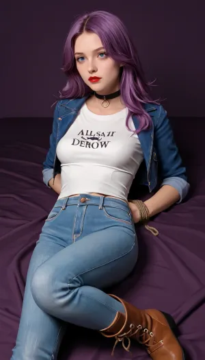 abigail from Stardue Valley lying on the bed, Abigail from Stardue Valley's clothes tied, girl's hands tied with rope behind her back, legs tied with rope, mouth taped shut, black choker, blue jacket, boots, choker, medium chest, long hair, purple background, purple hair, red lips, white shirt, A purple sleeveless jacket and a white T-shirt underneath, a tight white T-shirt, jeans, Abigail from the valley of the star dew, clothed, medium-sized breasts
