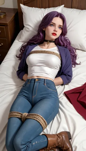 Abigail from Stardue Valley is lying on the bed, Abigail from Stardue Valley's clothes are tied, the girl's hands are tied with rope behind her back, her legs are tied with rope, her mouth is taped shut, black choker, blue jacket, boots, choker, medium breasts, long hair, lying on the bed, purple hair, red lips., white shirt, mouth taped shut, legs tied with rope, hands tied with rope, purple sleeveless jacket and white T-shirt underneath, tight white T-shirt, jeans, Abigail from the Valley of the star dew, medium-sized tight breasts