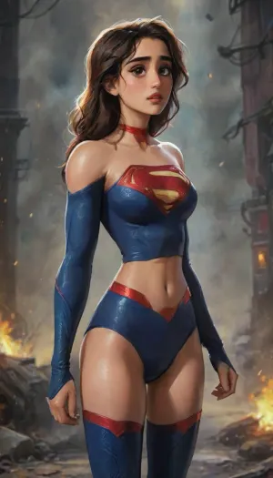 Photorealistic with perfect details, Cinematic, Masterpiece, HD, Sexy CGI.

Beautiful woman "Disha Patani", Platinum blonde hair, sparkling bright glowing Blue eyes, expressive face. dishap, <lora:dishap:1>, Wearing a intricate costume, ("Full Sexy Armor"), a costume that embodies the form of "Supergirl-DC Comics", (Armor Chest and Thighs open), .
Futuristic Costume Design. Street Fashion clothing, Wearing a ripped denim jacket and a tight yoga pants.

- High heels are very detailed, hand guards are very detailed.
The costume is White with a combination of Gold and Red.

- The chest and thighs are clearly visible.
Perfect hourglass body curves, natural breasts, plump hips, flat and slim stomach, abs, big thighs, large buttocks.
There is a picture of the "SuperGirl" Logo lit up. highlydetailedbody, realisticface, highlydetailedhair, insanelydetailed, 8K.highdetailedskin, highresolution, perfectfingers. DCEU, Supergirl, <lora:Supergirl:.5>, Pose, Action pose Walking in the middle of a quiet and deserted Metropolis city square.
War scars, destroyed cities, muddy and shabby streets.
Dark night, black clouds, dim light, thick black smoke.
Tense atmosphere.

"FANTASY WORLD", (j_cartoon:1.5), Drawing, <lora:samdoesarts1.1-000030:.4>, <lora:J_cartoon:.3>, <lora:Animated_Concept:.4>