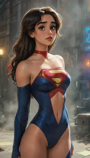 Photorealistic with perfect details, Cinematic, Masterpiece, HD, Sexy CGI.

Beautiful woman "Disha Patani", Platinum blonde hair, sparkling bright glowing Blue eyes, expressive face. dishap, <lora:dishap:1>, Wearing a intricate costume, ("Full Sexy Armor"), a costume that embodies the form of "Supergirl-DC Comics", (Armor Chest and Thighs open), .
Futuristic Costume Design. Street Fashion clothing, Wearing a ripped denim jacket and a tight yoga pants.

- High heels are very detailed, hand guards are very detailed.
The costume is White with a combination of Gold and Red.

- The chest and thighs are clearly visible.
Perfect hourglass body curves, natural breasts, plump hips, flat and slim stomach, abs, big thighs, large buttocks.
There is a picture of the "SuperGirl" Logo lit up. highlydetailedbody, realisticface, highlydetailedhair, insanelydetailed, 8K.highdetailedskin, highresolution, perfectfingers. DCEU, Supergirl, <lora:Supergirl:.5>, Pose, Action pose Walking in the middle of a quiet and deserted Metropolis city square.
War scars, destroyed cities, muddy and shabby streets.
Dark night, black clouds, dim light, thick black smoke.
Tense atmosphere.

"FANTASY WORLD", (j_cartoon:1.5), Drawing, <lora:samdoesarts1.1-000030:.4>, <lora:J_cartoon:.3>, <lora:Animated_Concept:.4>