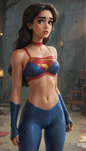 Photorealistic with perfect details, Cinematic, Masterpiece, HD, Sexy CGI.

- Beautiful woman "Disha Patani", Platinum blonde hair, sparkling bright glowing Blue eyes, expressive face.

- Wearing a costume, ("Full Sexy Armor"), a costume that embodies the form of "Supergirl-DC Comics", (Armor Chest and Thighs open), .
Futuristic Costume Design.
Wearing a ripped denim jacket and a tight yoga pants.

- High heels are very detailed, hand guards are very detailed.
The costume is White with a combination of Gold and Red.

- The chest and thighs are clearly visible.
Perfect hourglass body curves, natural breasts, plump hips, flat and slim stomach, abs, big thighs, large buttocks.
There is a picture of the "SuperGirl" Logo lit up.

- Pose, Action pose Walking in the middle of a quiet and deserted Metropolis city square.
War scars, destroyed cities, muddy and shabby streets.
Dark night, black clouds, dim light, thick black smoke.
Tense atmosphere.

"FANTASY WORLD", highlydetailedbody, realisticface, highlydetailedhair, insanelydetailed, 8K.highdetailedskin, highresolution, perfectfingers, (j_cartoon:1.5), Drawing, dishap, <lora:dishap:1>, DCEU, Supergirl, <lora:Supergirl:.5>, <lora:samdoesarts1.1-000030:.4>, <lora:J_cartoon:.3>, <lora:Animated_Concept:.4>