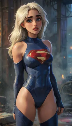 Photorealistic with perfect details, Cinematic, Masterpiece, HD, Sexy CGI., Beautiful woman "Disha Patani", Platinum blonde hair, sparkling bright glowing Blue eyes, perfect anatomy, expressive face, dishap, <lora:dishap:1>, Wearing a intricate costume, ("Full Sexy Armor"), a costume that embodies the form of "SuperGirl-DC Comics", (Armor Chest and Thighs open), Futuristic Costume Design. Sexy Street Fashion clothing, Wearing a ripped denim jacket and a tight yoga pants.

- High heels are very detailed, hand guards are very detailed.
The costume is White with a combination of Gold and Red.

- The chest and thighs are clearly visible.
Perfect muscular athletic body, abs, hourglass curves, natural breasts, plump hips, flat and slim stomach, toned abs, big thighs, large buttocks.
There is a picture of the "SuperGirl" Logo lit up. highlydetailedbody, realisticface, highlydetailedhair, insanelydetailed, 8K.highdetailedskin, highresolution, perfectfingers. DCEU, PowerGirl, <lora:Supergirl:.5>, Pose, Action pose sexy Walking in the middle of a quiet and deserted futuristic Metropolis city square.
War scars, destroyed cities, muddy and shabby streets.
Dark night, black clouds, dim light, thick black smoke.
Tense atmosphere.

"FANTASY WORLD", (j_cartoon:1.5), Drawing, <lora:samdoesarts1.1-000030:.4>, <lora:J_cartoon:.3>, <lora:Animated_Concept:.4>