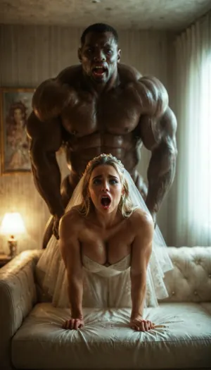 Cinematic, masterpiece, dim light, night, dark room, ultra realistic, Gorgeous chubby blonde milf, leaning forward, on couch, wedding dress with veil and lifted skirt, bimbo, long hair, deep penetration, screaming orgasm, front view, bent forward, (((mega muscular African brute))), 8k quality, interracial, fit body, slim chubby body, scared, <lora:MJ52:.5>, <lora:M05_Intensify:.8>, grungy, <lora:Grungy_Picture_SDXL_V1:.8>, indoors, bedroom, bed, red, curtains, picture, frame, white, wall, chandelier, sheet, <lora:gyakutaiojisan_bed_AB_XL:.8>, pale, skin, <lora:Pale_Skin_SDXL_v1.0:.8>
