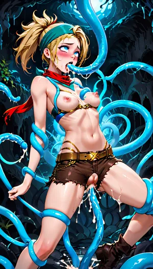 Rikku from Final Fantasy X-2, slender body, small breasts, Blonde hair, Ponytail, teal bandana, Red Scarf, Gold Bikini Top, ripped brown shorts, Gold Belt, Gold Thong, blue tentacles wrapping up Rikku's body and flupping her upside-down, lots of blue tentacles, Tentacles entering shorts, pussy penetration, cum in pussy, tentacles around breasts, tentacles ejaculating on breasts, cum on breasts, glowing Dark blue eyes, cum dripping from mouth, ahegao, dark cave, side view