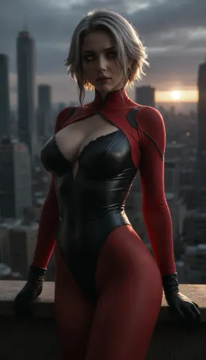 score _9_up, UHD 8K, big breasts, arlecchino_\, (genshin_impact\), white hair, Mascara running, ((Red glowing pupils)), extreme realism, maximum detail, slim figure, detailed skin, real lighting, ultra high details, super waist, perfect anatomic body, seductive Look, black_gloves, <lora:580159_training_data:.5>, <lora:dark:.4>, <lora:arlecchino_new:.5>, Girl on the roof of a skyscraper in New York, NSFW, sky background, night, superhero pose, seamless transparent red pantyhose, Black lace bodysuit, Scarlet Witch, red fire from hands