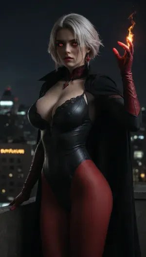 score _9_up, UHD 8K, big breasts, arlecchino_\, (genshin_impact\), white hair, Mascara running, ((Red glowing pupils)), extreme realism, maximum detail, slim figure, detailed skin, real lighting, ultra high details, super waist, perfect anatomic body, seductive Look, black_gloves, <lora:580159_training_data:.5>, <lora:dark:.4>, <lora:arlecchino_new:.5>, Girl on the roof of a skyscraper in New York, NSFW, sky background, night, superhero pose, seamless transparent red pantyhose, Black lace bodysuit, Scarlet Witch, red fire from hands, black cloak