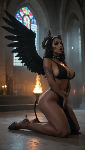 in the church, (fog:1.6), (black girl:1.5), (African girl:1.5), (big black wings:1.5), a black nun, (fire in church:1.6), sexy nun, sexy eyes, kneeling, praying, large breasts, deep cleavage, spiked collar, natural body, (Minimalist moody chiaroscuro lighting and creates a dramatic effect:1.3), (The overall mood of the image is sensual and alluring, with undertones of anticipation and desire:1.3), (closeup of breasts, light focus on breasts:1.4), (big breasts, soft breasts:1.4), black stockings, (smeared makeup:1.2), (red glowing pupils:1.2), (big ass), (legs spread), inverted cross, black lips, (pentagram), wide hips, (tattoos on breast:1.3), (tattoo on hips:1.3), (behind tail), (tail from ass:1.2), (horns on the head:1.3), (open mouth), (An close-up bottom up profile of big breasts, Long silky raven black hair hides her face in shadow:1.4), (hooves:1.7), best quality, mega detail, mega quality, high detailing, plump black lips, bottom view, side view
