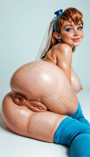 (Gadget Hackwrench from Chip'n Dale in blue stockings, furry, humanoid, shaved), foggy style, (anus focus:1.3), focus, (hyper puffy butthole:1.3), horny, hair color blonde, long bob haircut hinata, freckles, seductive smile, eye makeup, thick lips, breasts larger than head, breasts, wet shiny skin, perfect skin, (extremely beautiful face:1.3), ultra high details, looking at viewer, award winning photo, hdr, white thigh high socks, big natural breasts, hips, narrow waist, bride wedding dress, (thigh high crew socks:1.3), puckered asshole, detailed butthole, puffy swollen butthole, pale genitalia, (puffy swollen labia:1.3), puffier, excessive pronounced puffy swollen labia, skin tight pajamas, soft lighting, gigantic bubble butt