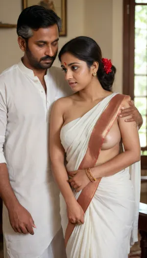 25 years old young beautiful shy fully naked indian bengali woman perfect curvy figure, enormous hanging boobs, black colored erected nipples, little fat on belly, wearing only a thin white plain saree properly and decently, bending forward and serving lunch to her 70years old gentleman fully clothed father-in law at dining table, her boobs covered with pallu, her head covered with pallu, sad look, the man is pulling her hand, no makeup, plain thin white saree