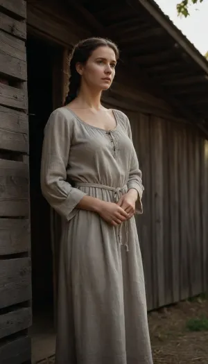 A beautiful curvy peasant woman, 40 years old, of Slavic ethnicity, stands near a dilapidated wooden barn. Her face holds a calm, yet weary expression. Her dark brown eyes, slightly downturned. She wears a linen chemise, antique in style, reaching her ankles. The garment is unbelted, with long, wide sleeves that fall loosely to her wrists, unfastened. A simple neckline is tied with thin, dark linen tapes. The texture of the linen is coarse, slightly rumpled. Her hands, calloused and strong, hang loosely at her sides, her posture stooped yet dignified. The woman's dark hair is pulled back in a simple braid. The barn, constructed from aged, grey wood, shows signs of decay—warped planks. The background is a muted palette of browns, greens, and greys, reflecting a late afternoon light. The overall style evokes a realistic portrayal, reminiscent of Russian realism, with a focus on capturing the raw honesty and dignity of rural life. The composition is a three-quarter view, slightly low angle, emphasizing the woman's stature against the imposing backdrop of the barn. The lighting is natural, diffused sunlight casting soft shadows, enhancing the textures and details of both the woman and her surroundings., vntgdrwngCE, style, middleagesstyle-20240816-1, <lora:734192_training_data:1.1>