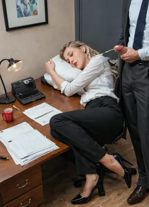 photorealistic image, men masturbate on woman in office, milf sleeps in office, blonde hair, medium figure, medium breast, black business pants, white blouse, slumped over desk, head resting on arms, covered in cum on face, hair, men with long penises, lustful expressions, masturbating, cum splattering on woman and desk, knocking over pens and papers, office, desks, chairs, computers, daytime, standard office lighting, wide-angle shot, beautiful face, detailed eyes, (sleeping woman:1.4), (man masturbates on woman:1.4), (office setting:1.2), (sperm on desk:1.2), (cumshots:1.2), slightly blurred, poor lighting, unusual angle, all persons fully visible, timestamp in corner, persons unaware of camera, natural poses, candid expressions, (distance perpective:1.3), (full body view:1.4), (poor lighting:1.2), (slightly blurred:1.1), (timestamp:1.1)