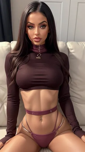 Beautiful fit girl in sleeved crop-top and legings sitting on the couch, fakelips, huge, lips, lip, filler, <lora:fakelips:.1>