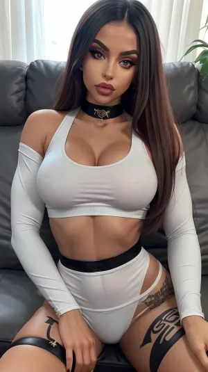 Beautiful fit girl in sleeved crop-top and legings sitting on the couch, fakelips, huge, lips, lip, filler, <lora:fakelips:.1>