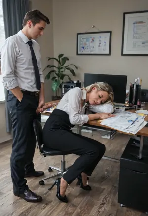 photorealistic image, men masturbate on woman in office, milf sleeps in office, blonde hair, curvy figure, medium breast, black business dress, white blouse, slumped over desk, black nylon pants, head resting on arms, covered in cum on face, hair, men with long penises, lustful expressions, masturbating, cum splattering on woman and desk, knocking over pens and papers, office, desks, chairs, computers, daytime, standard office lighting, wide-angle shot, beautiful face, detailed eyes, (sleeping woman:1.4), (man masturbates on woman:1.4), (man cums on woman:1.4), (office setting:1.2), (sperm on desk:1.2), (cumshots:1.2), slightly blurred, poor lighting, unusual angle, all persons fully visible, timestamp in corner, persons unaware of camera, natural poses, candid expressions, (distance perpective:1.3), (full body view:1.4), (poor lighting:1.2), (slightly blurred:1.1), (timestamp:1.1)