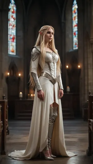 a very beautiful, tall and slender, sexy female elf cleric, wearing a white plate armor, very high heels, ((very long blonde hair)), she is prying in a medieval church, Long, hair, very_long_hair, l0ngha1r, <lora:Long_hair_LoRA_for_SDXL_v2:.8>, <lora:720291_training_data:.8>
