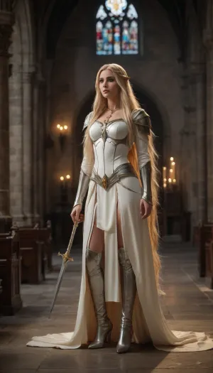 a very beautiful, tall and slender, sexy female elf cleric, wearing a white plate armor, very high heels, necklace with an holy symbol, a morning star and a shield on the ground, ((very long blonde hair)), she is prying in a medieval church, Long, hair, very_long_hair, l0ngha1r, <lora:Long_hair_LoRA_for_SDXL_v2:.8>, <lora:720291_training_data:.8>