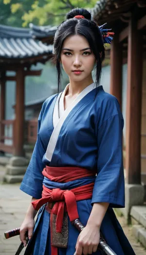 Ultra realistic, sexy samurai assassin, young beautiful samurai girl, friendly cute tall tall face, with wild blue and black hair, slim body, wearing sexy samurai clothes, relaxed pose, SaitoE, <lora:Saitou E:.8>