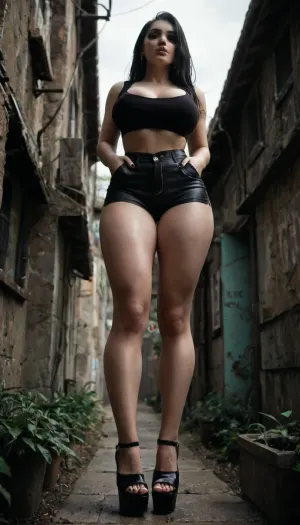 1 girl, Beautiful, cool 1 girl, cool personality, wild very long black hair beautiful face, beautiful makeup, beautiful eyes, slim figure, very big breasts, (very pale skin:1), wearing a hoodie, tight shorts, standing cool with pockets of the shirt, at the bus stop, has tattoos all over the body.tattoos all over legs, full body visible, head up, looking up, head, 3/4 view, face to Camera, full body view, (((looking at viewer))), ((Low angle)), niceheels, anklestrap strappy, pale, skin, stiletto, heel, chunky, wedge, block, platform, boots, sandals, pumps, anklestrap, strappy, <lora:dark:.6>, <lora:add-detail-xl:.8>, <lora:FBT-000002:.8>, <lora:203687_training_data:.8>