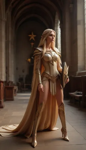 a very beautiful, tall and slender, sexy female elf cleric, wearing a white plate armor, very high heels, necklace with an holy symbol, ((a battle morning star and a shield on the ground)), ((very long blonde hair)), she is prying in a medieval church, Long, hair, very_long_hair, l0ngha1r, CardboardRay, <lora:Long_hair_LoRA_for_SDXL_v2:.8>, <lora:CardboardRay:.8>