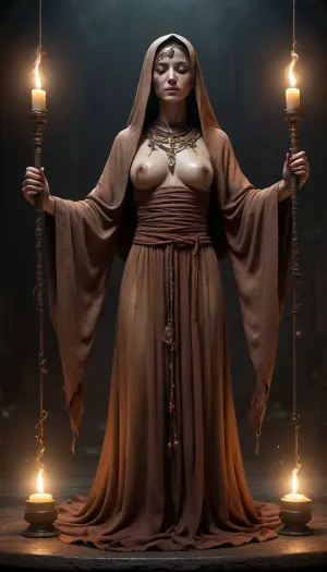 Complete model sheet of a blind female monk floating slightly above the ground, wearing see-through ceremonial robes with decaying rust stains, her super hairy pussy and breasts are visible. Face is blindfolded, hands are praying, runes are glowing on her robes. Includes spiritual aura effects and close-ups of staff/rosary beads. Poses, floating, meditating, invoking power. Style, Gothic horror, Lovecraftian-inspired
