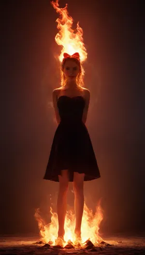 detailed face, crystal clear face, perfect eyes, perfect lips, evil smile
front view, 3/4 body view, ((image of a witch burning at the stake)), ((Kiki's Delivery Service cosplay:1.6)), (big red bow on the top of her head tying back her hair:.8), (((big red bow on her head:2))), arms behind back, legs together, (girl in a plain black dress is tied to a stake standing in a huge bonfire), (burning a witch at the stake:1), tied to a wooden pole, The woman is on fire, girl is standing in a bonfire, only one woman, immolation, burnt, skin, nothing but fire, dress is on fire, the ground is on fire, everywhere fire, inferno, all, over, black, background, flame, jet, from, right, left, below, big, calm, flames, silhouette, firecd_xl, <lora:immolation-lightWeight:1.2>, <lora:inferno:1.6>, <lora:firecd_xl-000017:.8>