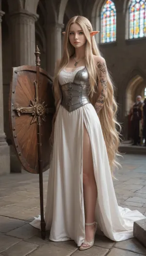 a very beautiful, tall and slender, sexy female elf cleric, wearing a white plate armor, very high heels, necklace with an holy symbol, ((a war hammer and a shield on the ground)), ((very long blonde hair)), ((full tattooed legs)), she is prying in a medieval church, Long, hair, very_long_hair, l0ngha1r, mace, MetAr, slavic, armor, <lora:slavic armor:1.1>