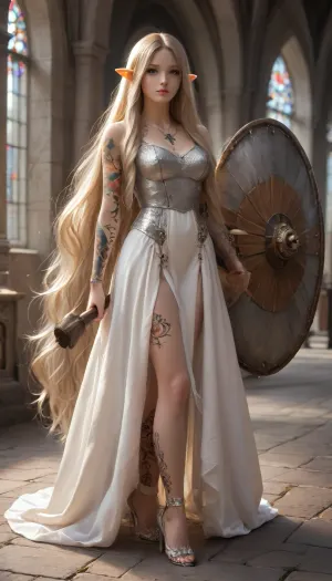 a very beautiful, tall and slender, sexy female elf cleric, wearing a white metallic plate armor, very high heels, necklace with an holy symbol, ((a war hammer and a shield on the ground)), ((very long blonde hair)), ((full tattooed legs)), she is prying in a medieval church, Long, hair, very_long_hair, l0ngha1r, mace, MetAr, mstltmrc, <lora:mstltmrc:.8>