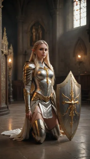 A beautiful elf cleric, tall and slender, sexy, wearing white metal armor, in the center of the armor's breastplate a golden holy symbol, very long blond hair, shoes with very high heels, is praying in a medieval church, ((next to her on the ground a war club and a shield)), mstltmrc, <lora:mstltmrc:.8>
