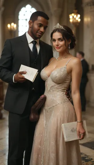 interracial, huge black penis, big black veiny penis, very veiny large black cock, an curvy and tall Persian woman with fair skin in a luxurious sheer black cutout dress, wearing a small crown, standing in a lavish palace in Dubai, holding a paper that says "onlyBBC", a loving and dominant smile on her face, looking at the camera, two tall muscular black men with dark skin in sleek black suits standing beside her, the contrast of their dark skin against her fair skin highlighted, both men with proud and dominant expressions, marble floors, gold decorations, and chandeliers in the background, warm golden lighting enhancing the skin tone contrast, cinematic style, 8k resolution, micbjorxl, <lora:MJ52:.6>, <lora:299579_training_data:.8>