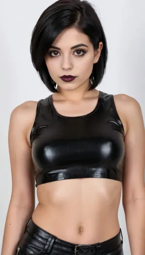 22 years old mexican-american woman, sensual pose, black hair, disgusting face, square face, little round breasts, white and pale skin, emo girl, black lips, black tank top, black leather pants, black eyeshadows, flat booty, flat small ass, short straight hair, middle body view, white background, thin, flat body, dark brown nipples, flat torso, narrow waist, small hip, highest quality, detailed skin texture, masterpiece, 4K