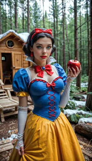 Snow White, Snow White costume, with a blue bodice with red and yellow details, puffed sleeves with red slits, a white high collar, yellow floor-length skirt, headband with a red bow, breasts out, holding an apple in her left hand, forest background with a cabin, frontal shot