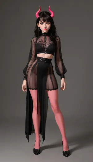 cartoon, low color palette, sexy, painted, illustration, made in adobe illustrator, no gradients, incase style, 1girl, demon girl smiling, full body, straight demon horns, sexy Fantasy outfit, slutty clothes, see through, revealing, emo and goth accessories, black hair, (Pink skin), Wide hips, makeup, thick eyebrows, eyeshadow, lips, simple abstract background, buckle, concept, art, by, syd, mead, retro, futuristic, flat, colors, <lora:concept_art_syd_mead:.8>