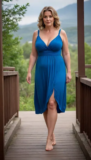 (mature mommy:1.1), (blue dress), (cleavage), (fully clothed), (wide ankles), (bare feet:1.3), (slightly overweight)