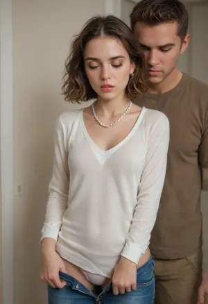 19 yo euro girl, cute, skinny, slender, not so tall, dirty blond hair, messy short hair, large sad eyes, petite, upturned nose, red nose tip, nice full lips, sticks out her lip in an offended manner, perfect teeth, (blush), she is wearing a shirt and panties., (((Her boyfriend is standing behind her))), kissing her neck and feeling her body from behind her back. Her jeans are unzipped and pulled down to reveal her panties, Her panties are the center of the image, and, (she is facing forward), .she is in her bedroom. She is slim ., (The man’s eyes are closed), . He is pajama pants and a sweater. He has short hair, She has a very long pearl necklace, prominent circular earrings, slender figure detailxl