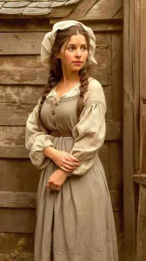 A beautiful curvy peasant woman, 40 years old, of Slavic ethnicity, stands near a dilapidated wooden barn. Her face holds a calm, yet weary expression. Her dark brown eyes, slightly downturned. She wears a linen chemise, antique in style, reaching her ankles. The garment is unbelted, with long, wide sleeves that fall loosely to her wrists, unfastened. A simple neckline is tied with thin, dark linen tapes. The texture of the linen is coarse, slightly rumpled. Her hands, calloused and strong, hang loosely at her sides, her posture stooped yet dignified. The woman's dark hair is pulled back in a simple braid. The barn, constructed from aged, grey wood, shows signs of decay—warped planks. The background is a muted palette of browns, greens, and greys, reflecting a late afternoon light. The overall style evokes a realistic portrayal, reminiscent of Russian realism, with a focus on capturing the raw honesty and dignity of rural life. The composition is a three-quarter view, slightly low angle, emphasizing the woman's stature against the imposing backdrop of the barn. The lighting is natural, diffused sunlight casting soft shadows, enhancing the textures and details of both the woman and her surroundings., vntgdrwngCE, style, fanslu, <lora:FantasySlums-10:.8>