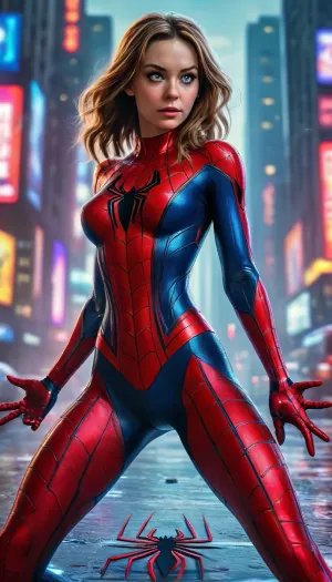 ((Movie poster for a 2020s SciFi movie version of Spiderman movie, sexy, cleavage, sexy legs, small breasts)), <lora:MJ52:.6>, Movie, Poster, page, <lora:Movie Poster:.8>