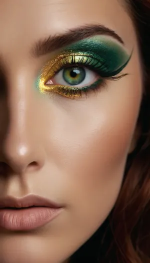 (avant-garde facial portrait:1.6), (beautiful woman's face:1.1), (focus on eyes), (intense eye detail:1.3), (bright green eye:1.4), (beautiful long eyelashes:1.2), (detailed eyeliner:1.1), (intricate eye:1.3), (vivid emerald tones:1.4), (flecks of gold around the iris), (dramatic lighting:1.3), ((Strands deep auburn hair:1.2), cling to the face, adding, (depth and dimension:1.1), and framing the eye), (warm and inviting color palette:1.2), (subtle contrasts:1.1), that emphasize the eye's, (vibrancy:1.3), against the, (softer skin tones:1.1), (serene expression:1.2), (sense of intensity and introspection:1.3), ., (shallow depth of field:1.4), (blurred background:1.1), and keep the focus entirely on the face, capturing every, (minute detail, of the skin, hair, and eye:1.3), (sense of immediacy and emotional depth:1.4)