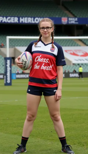 (4K UHD ultra-detailed RAW photo), high detailed, 8k, (photorealistic:1.7), slender girl, 20 yo, ((holding a rugby ball)), in glasses, ((wearing in sport uniform with text that says "Chess, the best!")), ((blonde braid haircut)), unhappy face, ((in rugby stadium)), ((full body view))