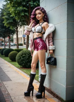 Classy prostitute leaning on wall, side view, slim silky brunette pony clips, very long legs, big platform boots, almond eyes, looking at viewer, ultra bright magenta skinny booty shorts, low waist harness belt, super long knee high sripes socks, very puffy camel clothes, big round tits, fluffy fur jacket, handbag, summer downtown sidewalk trees bright sun, wet body.